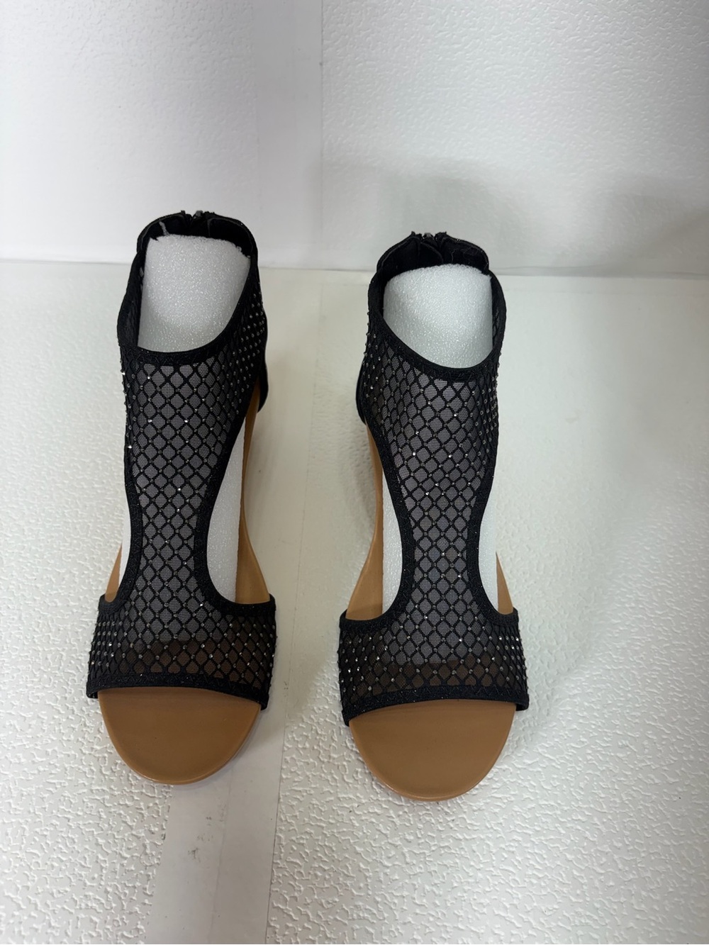 Black Mesh Open-Toe Heels with T-Strap Silhouette s315